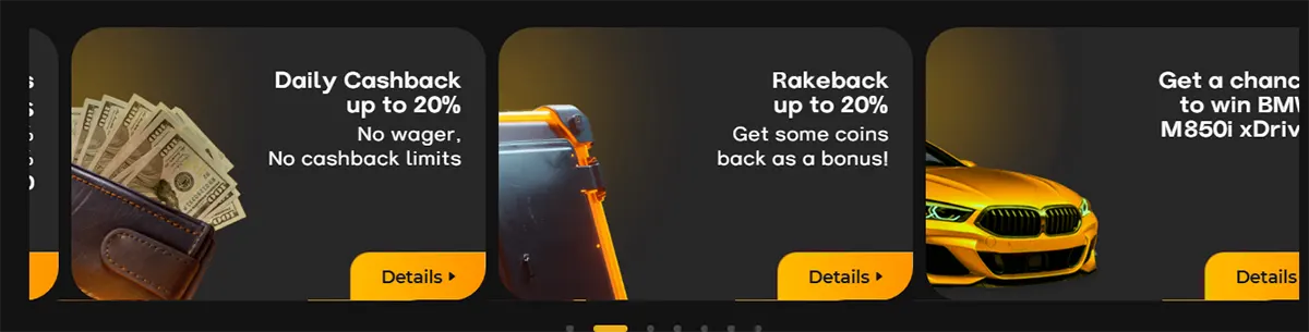“Three dark promo tiles in a carousel advertising ‘Daily Cashback up to 20%’ (wallet with cash), ‘Rakeback up to 20%’ (luggage), and a prize draw to win a yellow BMW M850i xDrive, each with a ‘Details’ button.”