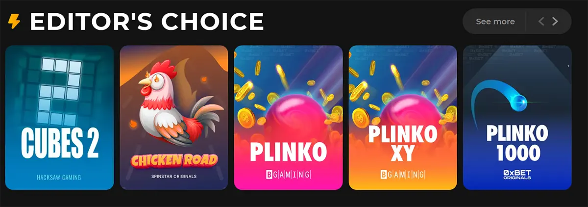 “‘Editor’s Choice’ carousel showing five featured games: Cubes 2, Chicken Road, Plinko (BGaming), Plinko XY (BGaming), and Plinko 1000 (1xBet Originals), with navigation arrows and a ‘See more’ button.”