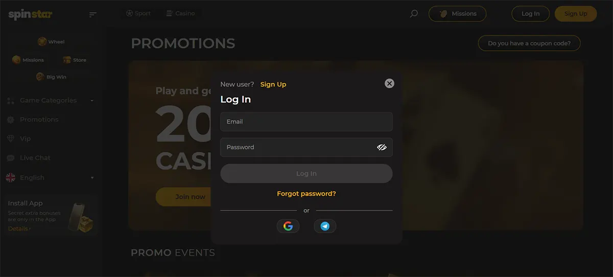 “Dark-themed casino promotions page with a centred ‘Log In’ pop-up showing email and password fields, a login button, ‘Forgot password?’ link, and Google/Telegram sign-in icons.”
